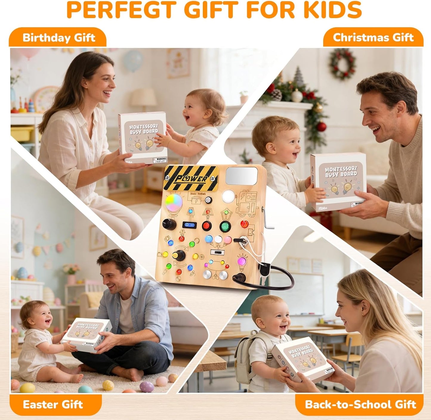 LED Busy Board for Toddlers - Montessori Sensory Toy with 10 Switches & 19 Lights, Wooden Activity Board for Fine Motor Skills, Ideal Educational Birthday Travel Toy Gift for 1 2 3 Year Old Boys Girls