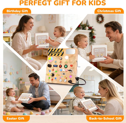 LED Busy Board for Toddlers - Montessori Sensory Toy with 10 Switches & 19 Lights, Wooden Activity Board for Fine Motor Skills, Ideal Educational Birthday Travel Toy Gift for 1 2 3 Year Old Boys Girls