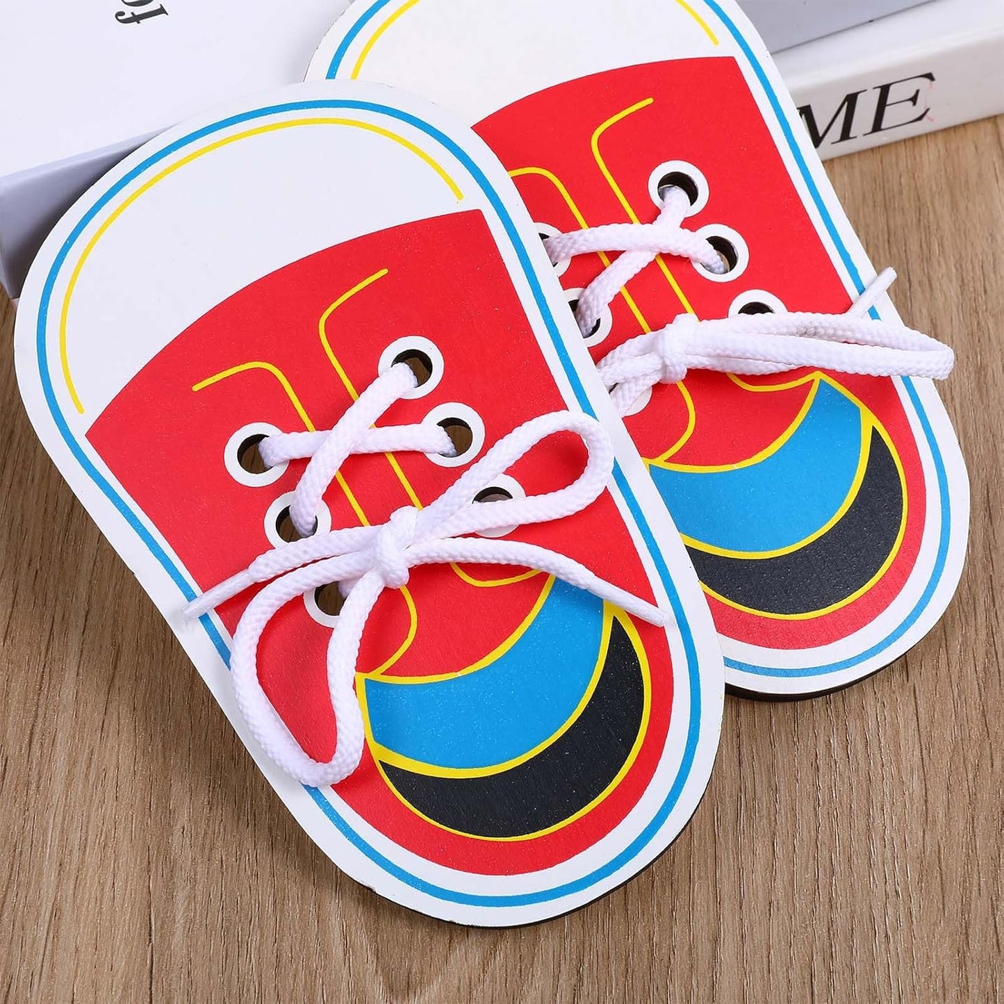 ElevateTech 2Pcs Wooden Lacing Shoe Shoe Lace Practice Board Threading Lacing Shoes Training Board Tying Practice Learning Educational Fine Motor Skills (Red White)