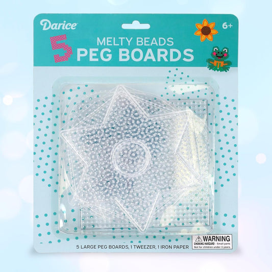 Darice Fuse Beads Pegboards 5pcs - 5mm Melty Beads Peg Board, Large Clear Plastic Boards Kit for Kids and Adults - 5.5" Square, Circle, Heart, Star, Hexagon