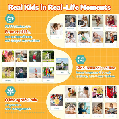 Actions Flash Cards for Kids (Ages 3-7), 50 Real-Life Photo Cards for Speech & Language Development, Based on Total Physical Response (TPR) Learning Approach, Support Daily Feelings