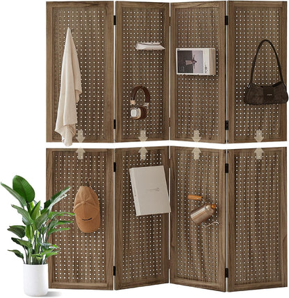 4 Panel Wooden Room Dividers, 5.6FT High Plug-in Folding Screen Made of Natural Wood, Pegboard Display for Bedroom and Shopping Malls and Jewelry Stores, Dark Brown
