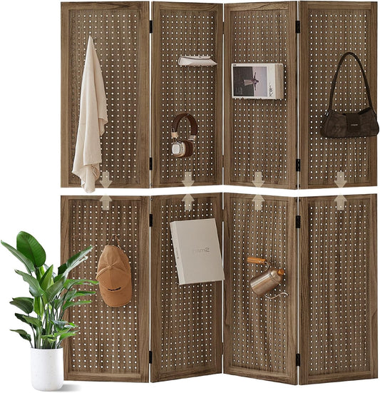4 Panel Wooden Room Dividers, 5.6FT High Plug-in Folding Screen Made of Natural Wood, Pegboard Display for Bedroom and Shopping Malls and Jewelry Stores, Dark Brown