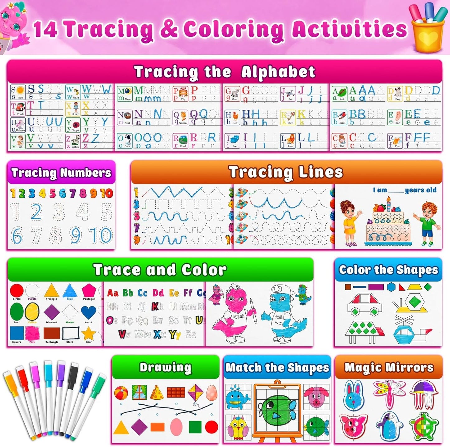 Curious 2 Learn Montessori Busy Book for Toddlers Ages 3-5 – Preassembled Preschool Learning Binder with 28 Activities, Travel Bag & 8 Markers – Educational Toy & Gift for 3 Year Old Boys (Blue)