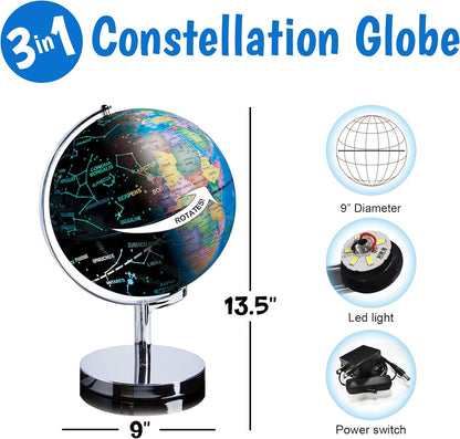 USA Toyz Illuminated Globe for Kids Learning- 3-in-1 STEM Globes of the World with Stand, Constellation Map, Built-in LED Night Light Desk Globe Lamp, Non-Tip Metal Base, 9.75” Tall, 7 Inch Diameter
