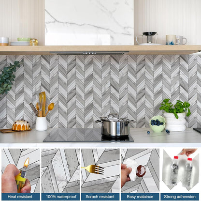Yipscazo 10 Sheets Herringbone Backsplash Peel and Stick Tile, Marble Calacata Mixed Metal Gold PVC Stick on Backsplash for Kitchen, Waterproof Self Adhesive Wall Tile for Bathroom