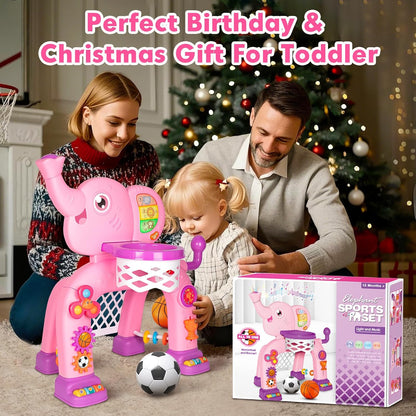 Toddler Basketball Hoop & Soccer Goal, Toys for 1 2 3 Year Old Boys Girls, Kids Sports Toy with Light Sound Music, Montessori Toys for Baby 12-18 Months, Christmas Birthday Gifts for Ages 1-3(Pink）