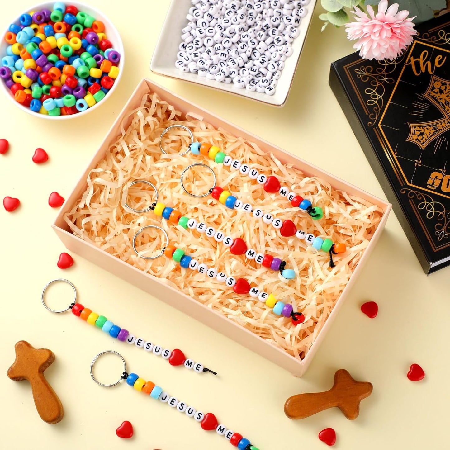 Halloscume 36 Sets First Holy Communion Christian Keychain Making Kit Craft Jesus Loves Me DIY Religious Bible Verse Beads Keychains Inspirational Key Ring Gifts for Church Party Favor Jesus