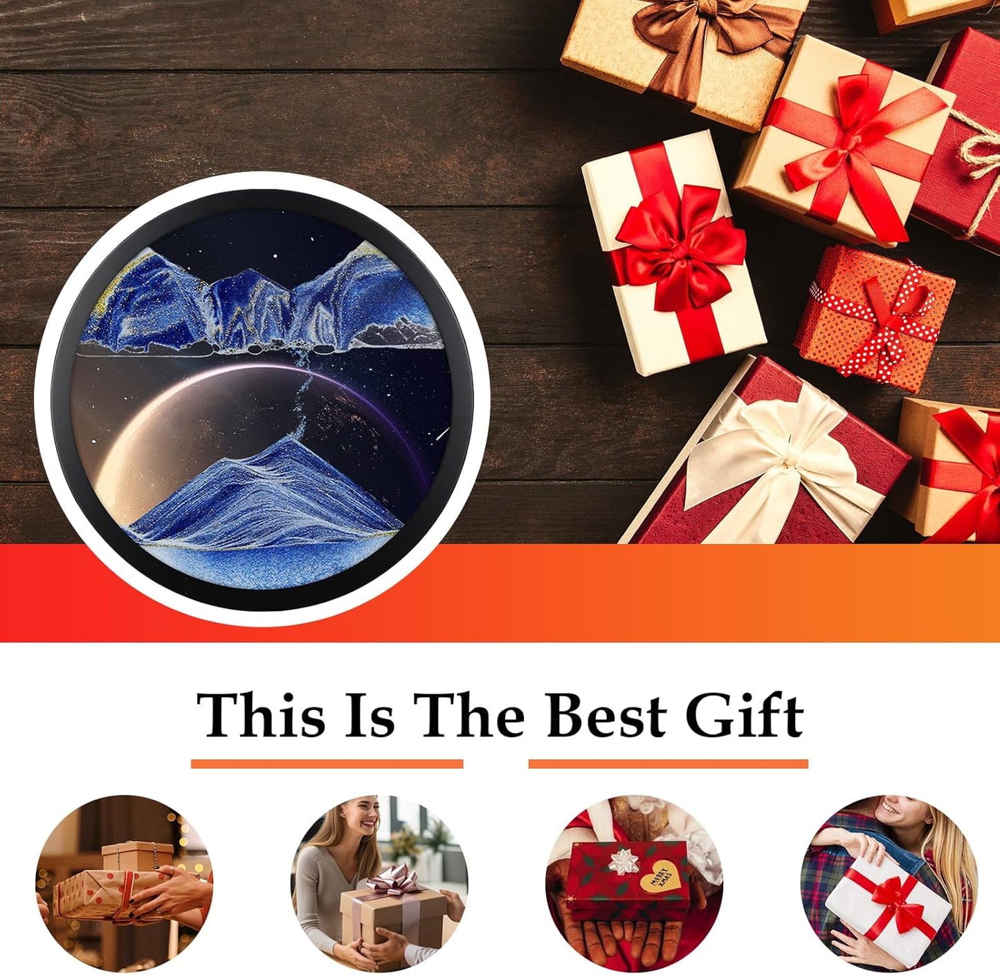 17.3" Moving Sand Art, 3D Sand Art Pictures Deep Sea Sandscape Living Room Decoration, 360° Rotate, Glass Crafts Solid Wood Frame, Relaxing Mood Home Office Work Wall Art Decor