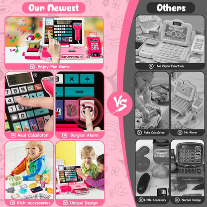 Kids Cash Register Toy Playset, Toddler Prentend Play Store with Real Calculator Cash Register with Scanner/Credit Card/Play Money/Food, Learning Toys for Boys Girls Toddlers(Pink)