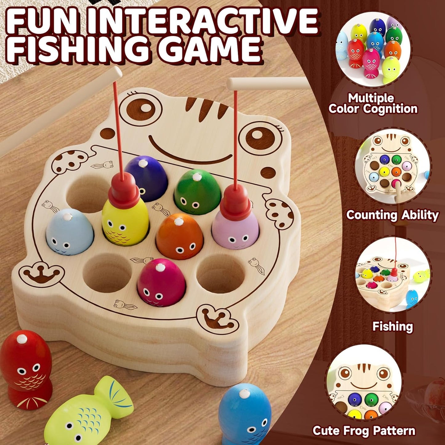 Wooden Magnetic Fishing Game for Toddlers 1-3, Montessori Sensory Busy Board Fine Motor Skills Toys for 1 2 3 Years Old Boys Girls (Frog B-Fish Game)