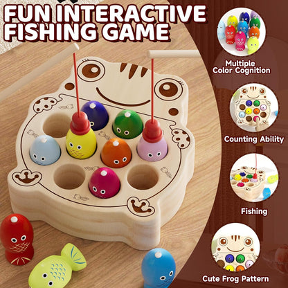 Wooden Magnetic Fishing Game for Toddlers 1-3, Montessori Sensory Busy Board Fine Motor Skills Toys for 1 2 3 Years Old Boys Girls (Frog B-Fish Game)
