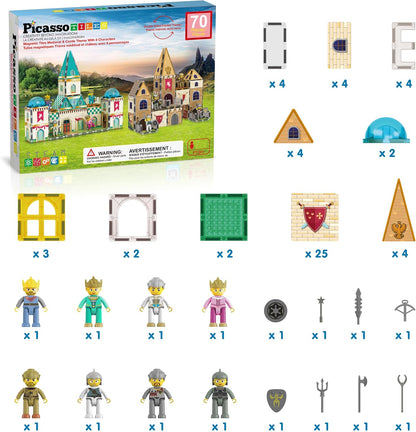 PicassoTiles 60pc Magnetic Tile Princess Castle Building Set with Double Sided Printed Tiles 2 Character Figures STEM Educational Toy Kit for Kids Pretend Play Montessori Learning Ages 3 to 8 PTQ04