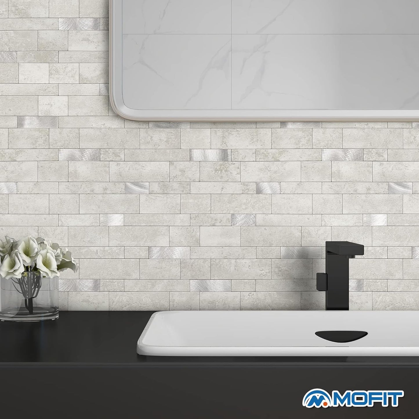 MOFIT Backsplash Tile for Kitchen Peel and Stick Stone Matte Finish,Bathroom Tiles Stickers 3D Wall Panel Linear Mosaic Marble Backsplash Waterproof(5sheets,Blue Green Gray)