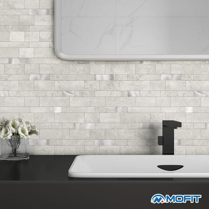 MOFIT Backsplash Tile for Kitchen Peel and Stick Stone Matte Finish,Bathroom Tiles Stickers 3D Wall Panel Linear Mosaic Marble Backsplash Waterproof(5sheets,Blue Green Gray)