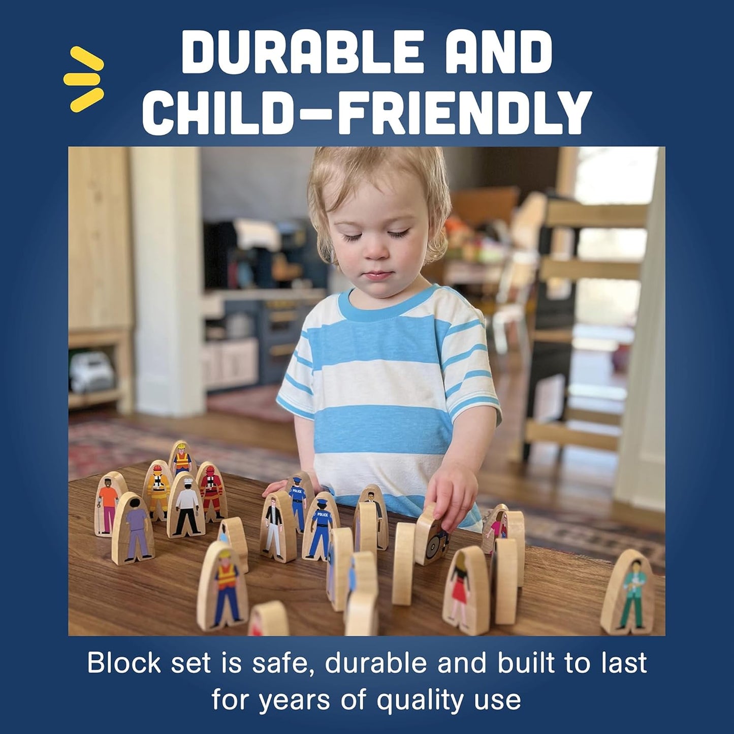 Constructive Playthings Wooden Community Helpers 25-Piece Wood Block Play Figurine Set, Freestanding Inclusive and Diverse Wood Toy Figures for Kids Ages 3+