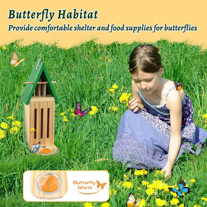 New Butterfly House and Feeder for Outside, Wooden Butterfly House with Metal Stake for Garden, Natural Butterfly Habitat with Butterfly Puddler on The Floor or Hanging on Tree Wall