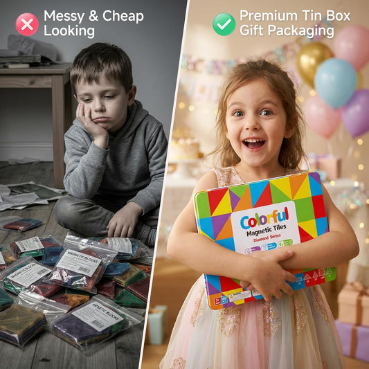 Magnetic Tiles for Kids Gift: 48 PCS Diamond Large Magnet Building Blocks in Storage Tin Box - 7.5cm Big Size 3D STEM Sensory Toy - Boys Girls Age 3-6 Birthday Party
