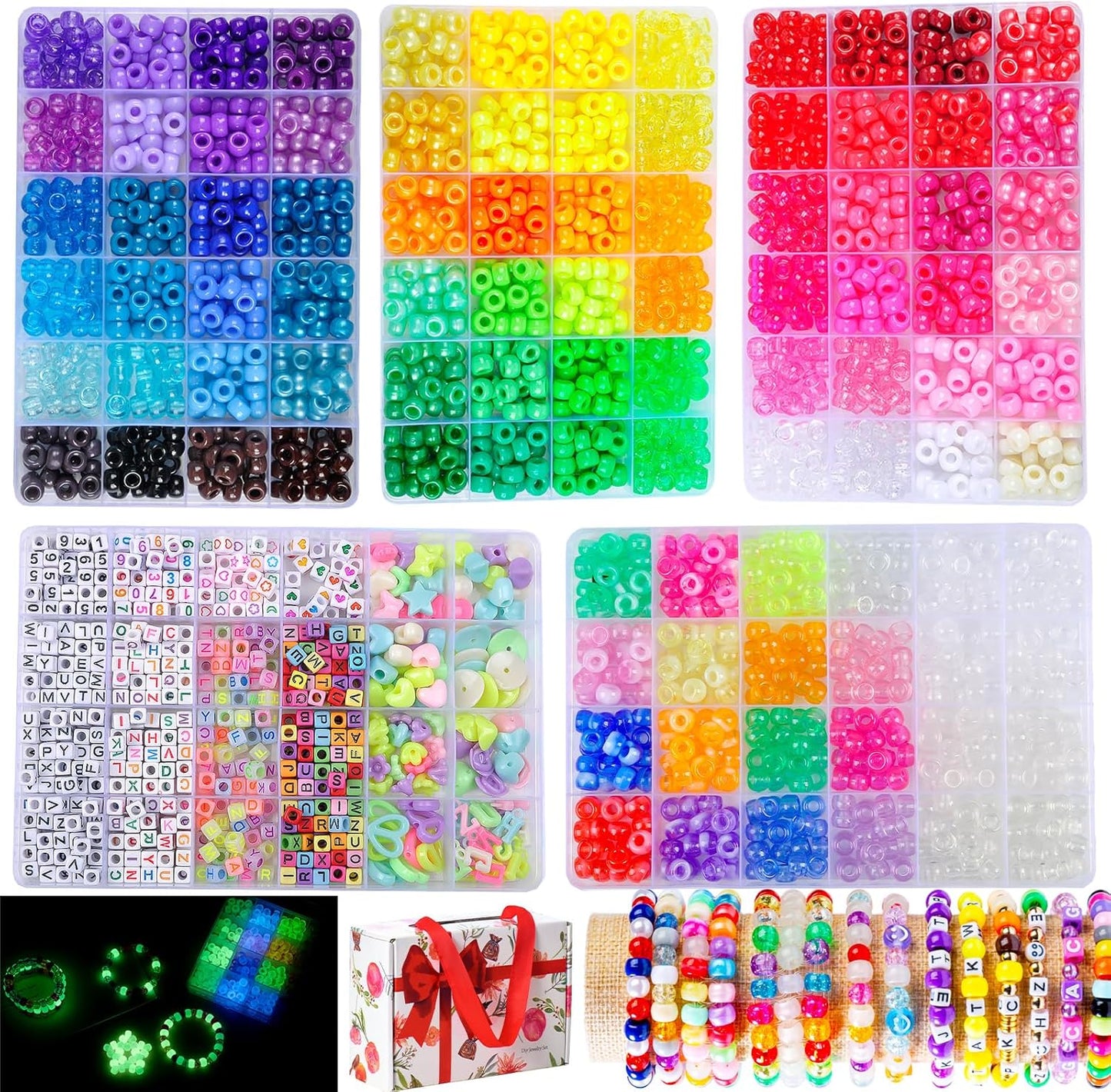 SJZWSD 5 Boxes Bracelet Making Kit Pony Beads, 6x9mm Kandi Rave Beads & Hair Beads Set with UV Color Changing, Glow-in-Dark, Chrome & Alphabet Letters for Friendship Jewelry DIY Crafts