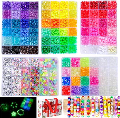 SJZWSD 5 Boxes Bracelet Making Kit Pony Beads, 6x9mm Kandi Rave Beads & Hair Beads Set with UV Color Changing, Glow-in-Dark, Chrome & Alphabet Letters for Friendship Jewelry DIY Crafts