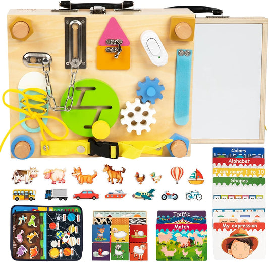 Adena Montessori Busy Board Box for Toddlers 2-4, 6 in 1 Montessori Toys for 1 Year Old with Drawing Board, Quiet Book, Puzzles, Sensory Toys for Fine Motor Skills, Learning Toys for Travel