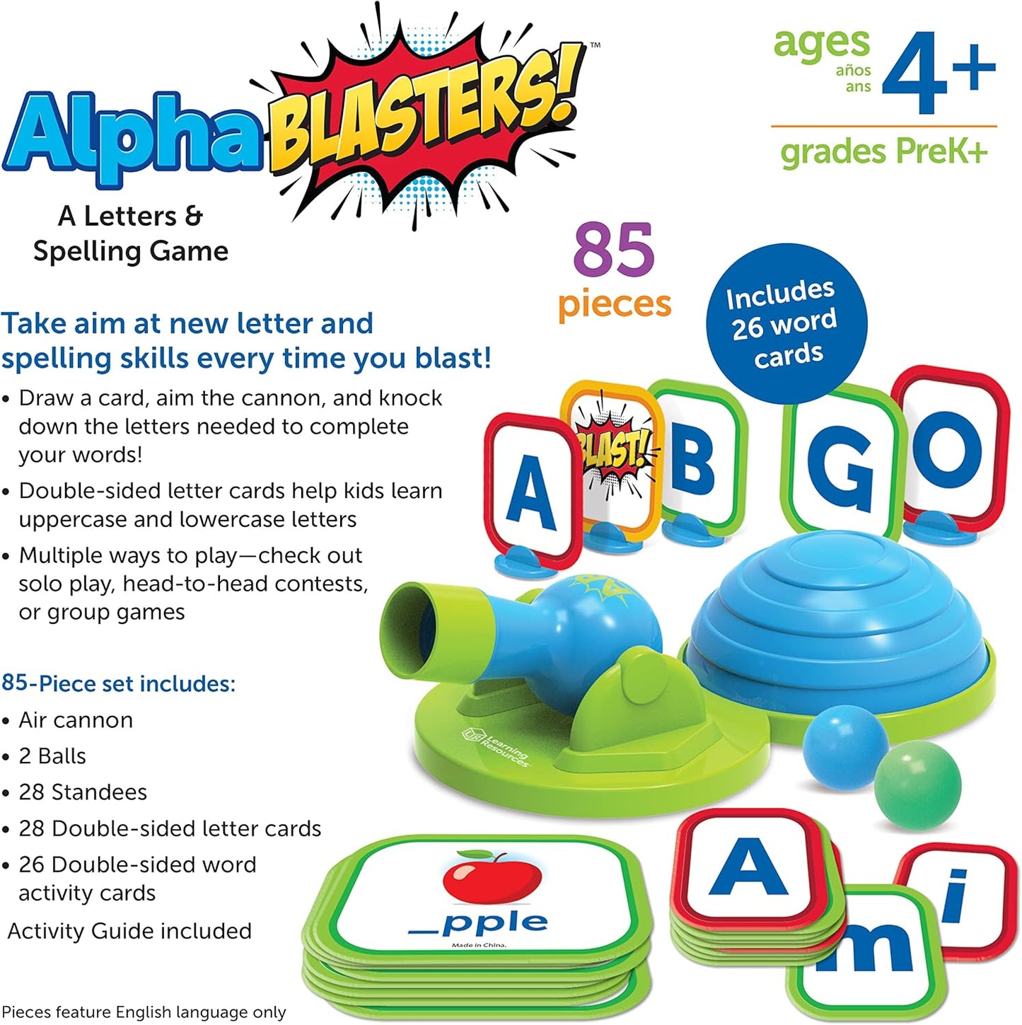 Learning Resources Alphablasters Letter and Spelling Game - 85 Pieces, Ages 4 and Up Toddler Preschool Learning, Educational Indoor Games, Preschool Alphabet, Toddler Brain Games