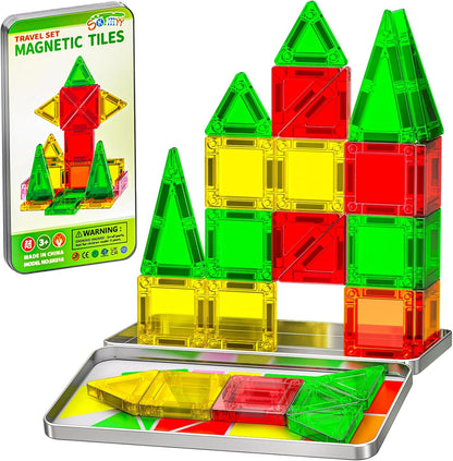 SKTMYY Mini Magnetic Tiles,Travel Magnetic Tiles with Iron Box,Car Airplane Travel Essentials for Kids Ages 3+,Creative STEM Magnet Toys Birthday Gift for Boys & Girls