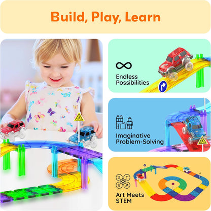 PicassoTiles 121pc Magnetic Tile Race Track Marble Run Magnet Tiles 3-in-1 Playset Car Racing Construction Set STEM Learning Early Education Building Toy Cars for School Toddlers Boys Girls Ages 3+
