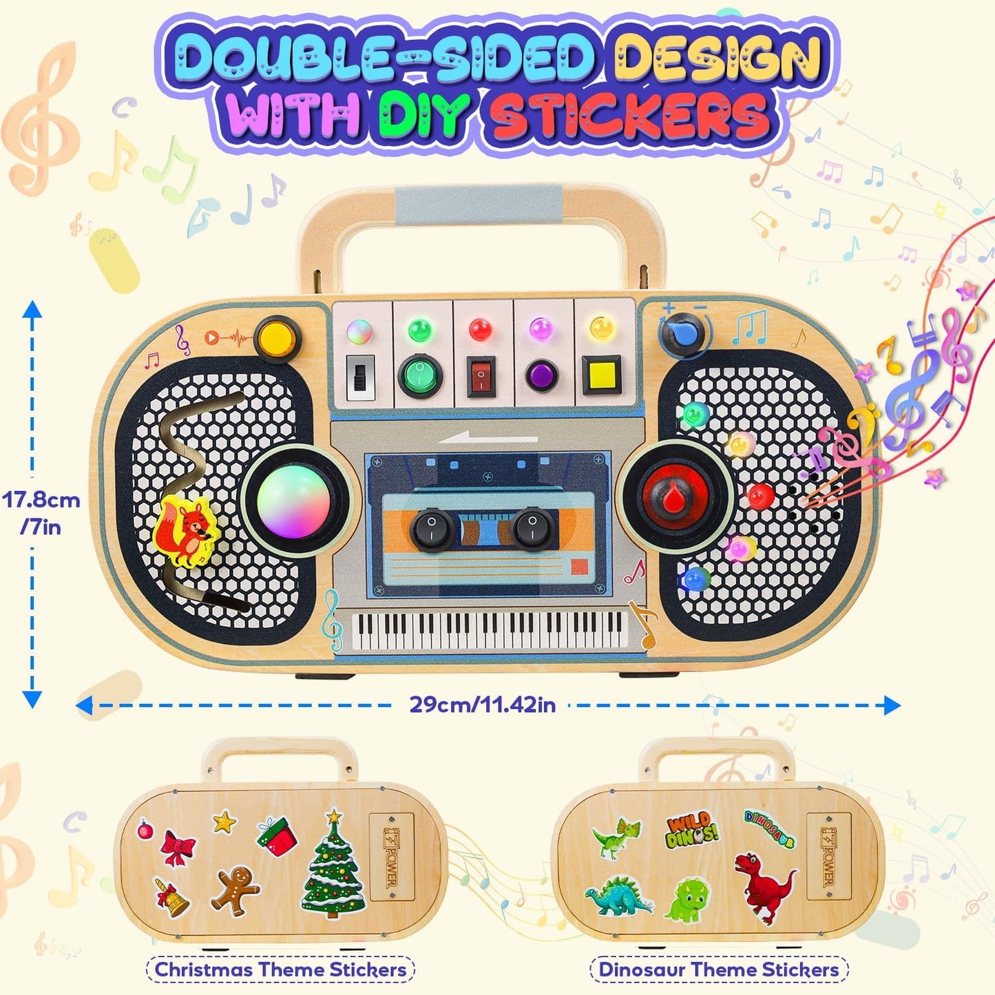 Ansee Busy Board Montessori Toys for Toddlers, Wooden Sensory Toys with LED Light, Switches, Music, Labyrinth, Adjust Volume, 2 DIY Stickers, Learning Travel Toys