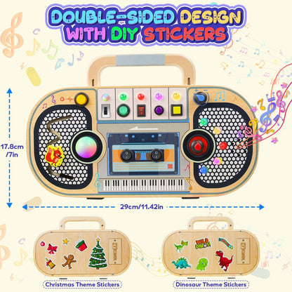 Ansee Busy Board Montessori Toys for Toddlers, Wooden Sensory Toys with LED Light, Switches, Music, Labyrinth, Adjust Volume, 2 DIY Stickers, Learning Travel Toys