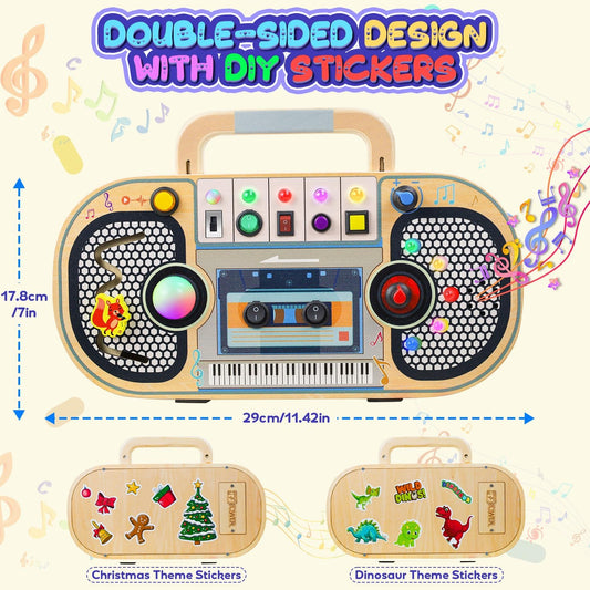Ansee Busy Board Montessori Toys for Toddlers, Wooden Sensory Toys with LED Light, Switches, Music, Labyrinth, Adjust Volume, 2 DIY Stickers, Learning Travel Toys