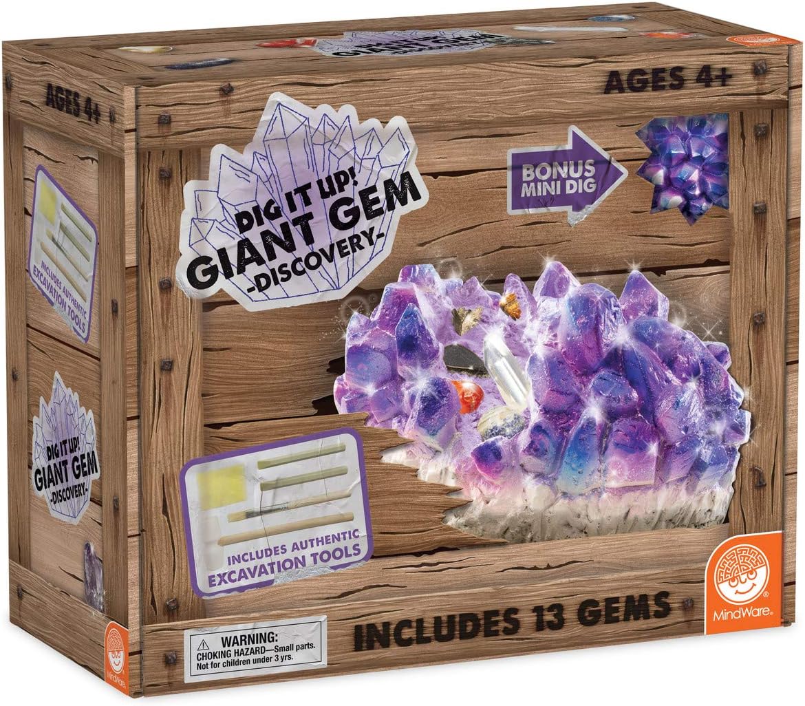 MindWare Dig It Up Giant Gem Discovery Kit - Gemstone Dig Kit Offers Geology for Kids with 12 Real Polished Hidden Gemstones - Includes 1 Giant Gem, Chiseling Tools, Gemstone Poster - Ages 4+