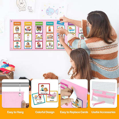 Godery Large Visual Schedule for Kids Chore Reward Chart,Bedtime Routine Chart for Toddlers,Double Side Weekly Planner Board with 109 Cards for Home School Planner,Autism Learning Materials.