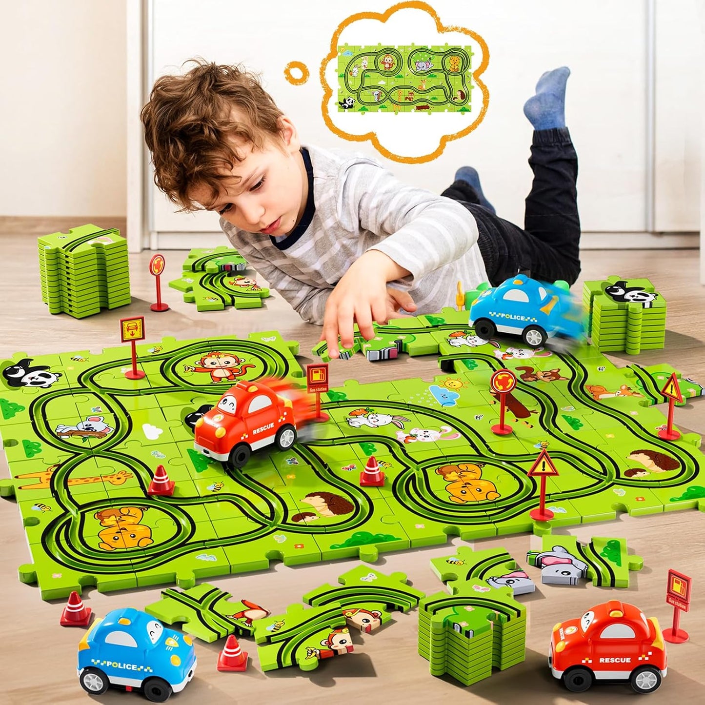 Beby Buty 64PCS Puzzle Track Car Set Toys for Kids Boys, Toddler Toys Gifts for 3 4 5 Year Old, Floor Puzzle Tracks Car for Boys Ages 3-5 4-6, for 3 4 5 6 Year Old