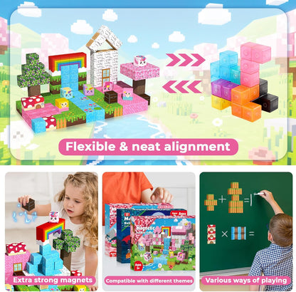 Goody King Magnetic Blocks |100PCS Magnetic Building Blocks Magic‘s House Magnetic Cube,Magnetic Blocks for Kids Ages 3-10,STEM Montessori Stacking Toy, Sensory Tiles Building Birthday for Toddlers