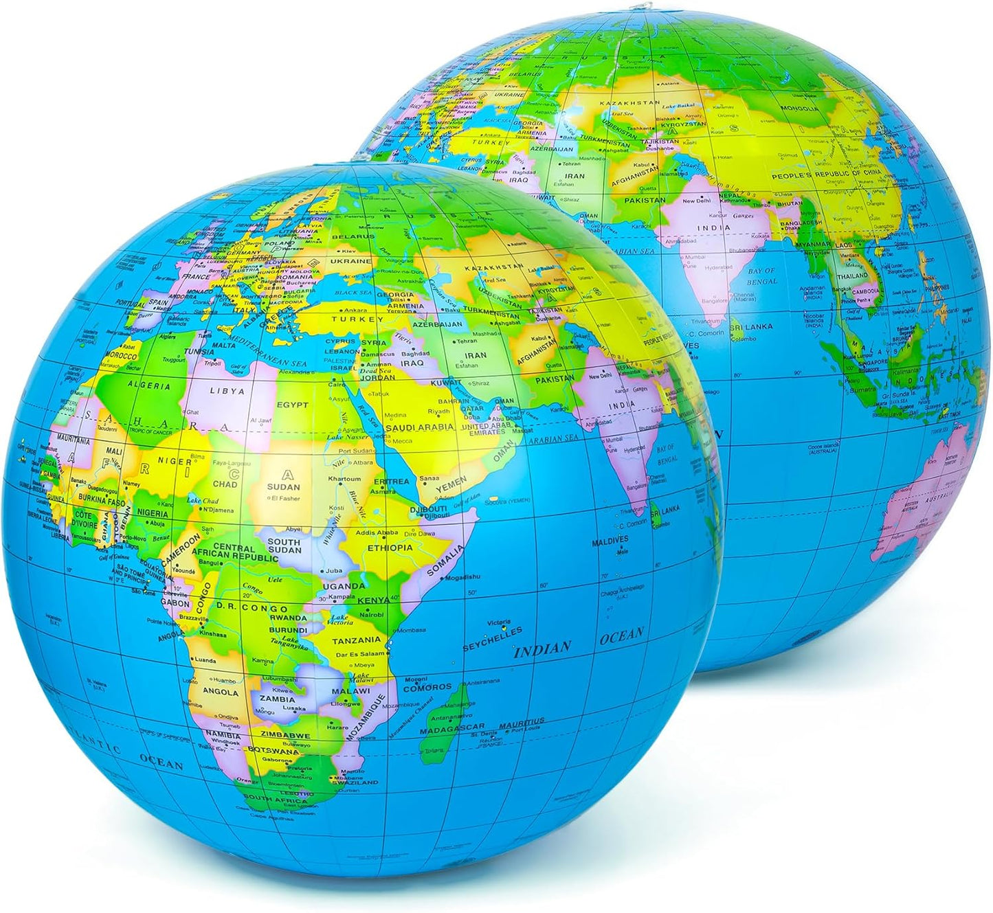 2Pcs 28 Inch PVC Inflatable World Globe Beach Ball Educational Earth Ball for Adult Classroom Learning Outdoor Play and Beach Party Favor