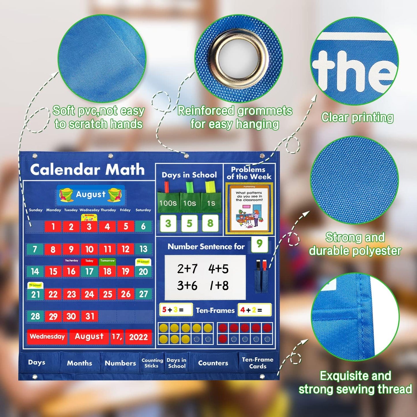 Circle Time Learning Center Pocket Chart for Classroom, Dry Erase Alphabet & Number Flash Cards, Write ABC Letter Tracing Writing Practice Games for Kids, Learning Weather Counting Color Shape