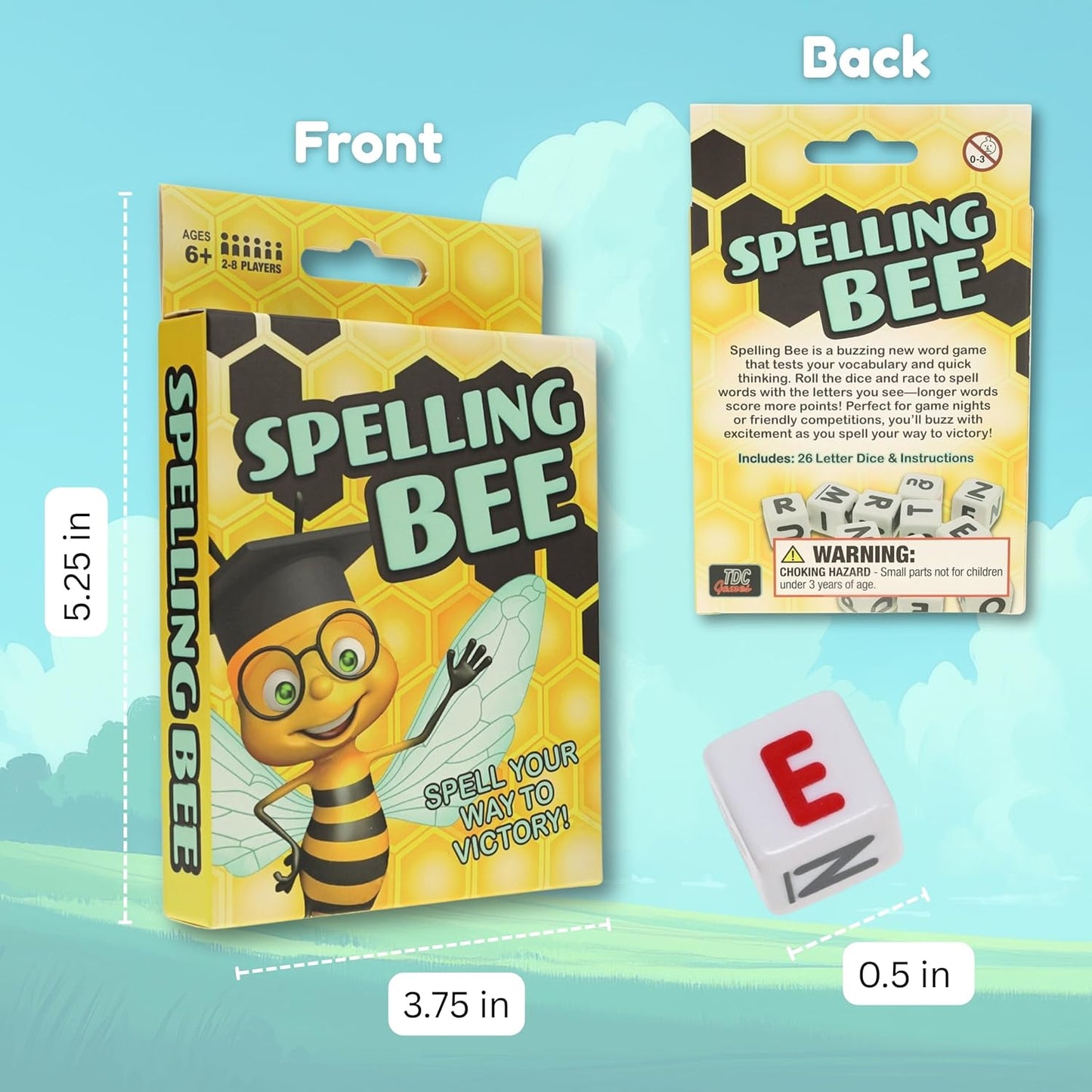 TDC Games Spelling Bee – Letter Dice Word Game for Kids and Adults, 26 Alphabet Dice, Fast-Paced Educational Travel Game, 2–8 Players Ages 6+, Vocabulary Builder for Family, School, and Classroom