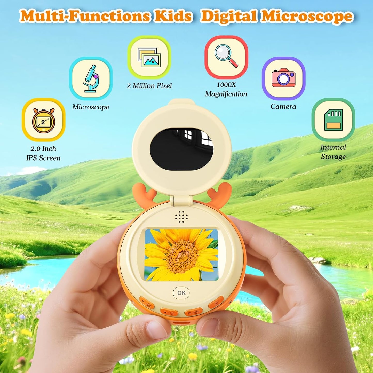 Hayve Handheld Digital Microscope for Kids 1000X,16MP Portable Pocket Microscope with 2inch IPS Screen,1080P Coin Magnifier for Collectors with 8 LEDs, PC View, 8GB