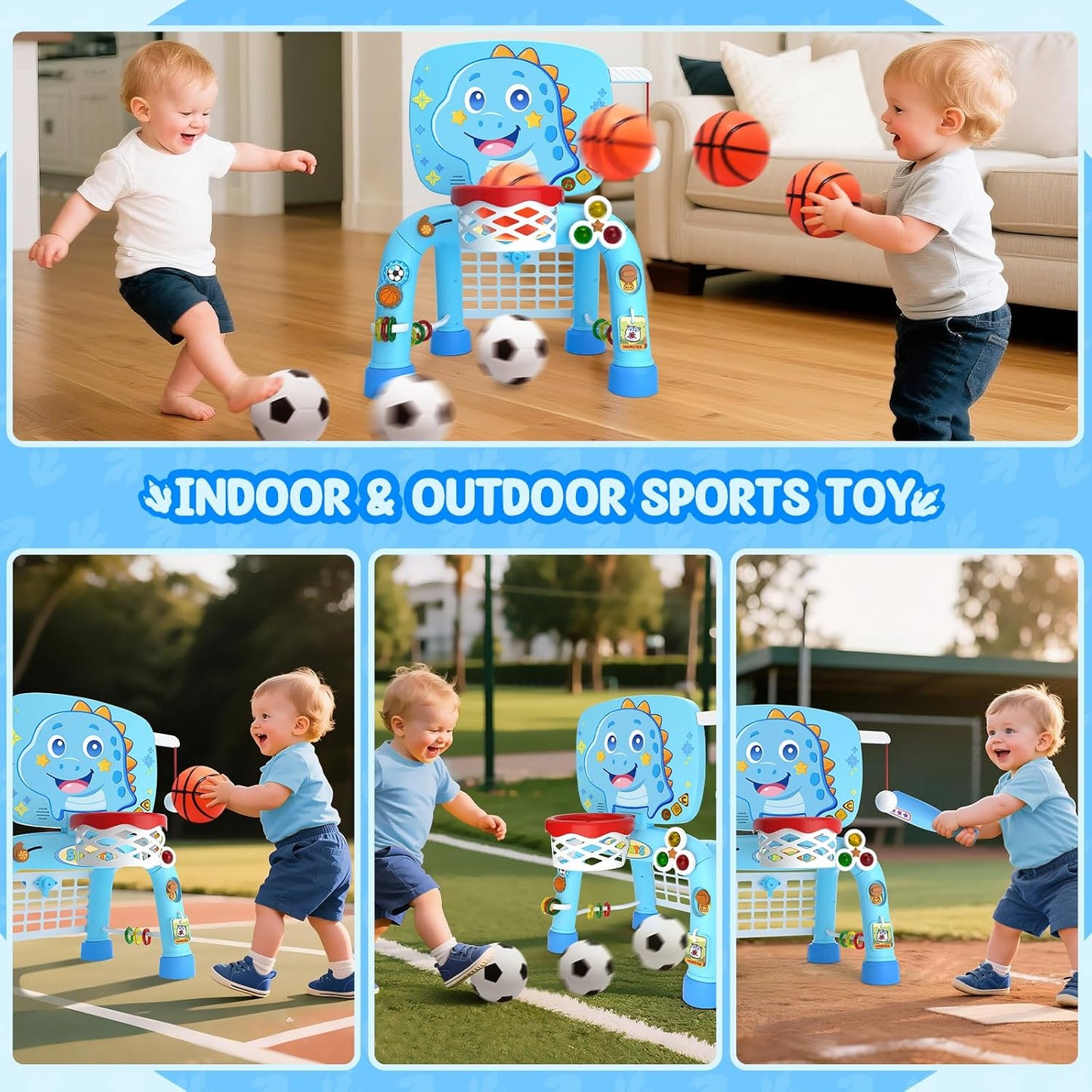 Toys for 1 Year Old Boy - Toddler Basketball Hoop & Soccer Goal & Baseball Activity Center with Light Sound Music, Puppy Montessori Sports Toy, Christmas Birthday Gift for Baby 12-18 Months, Yellow