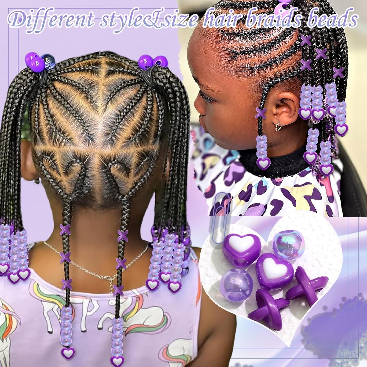 60PCS Purple Braids Beads 3 Styles Dreadlock Bead Accessories Cute Hair Jewelry AB Round Bead Decoration for Kids Girls