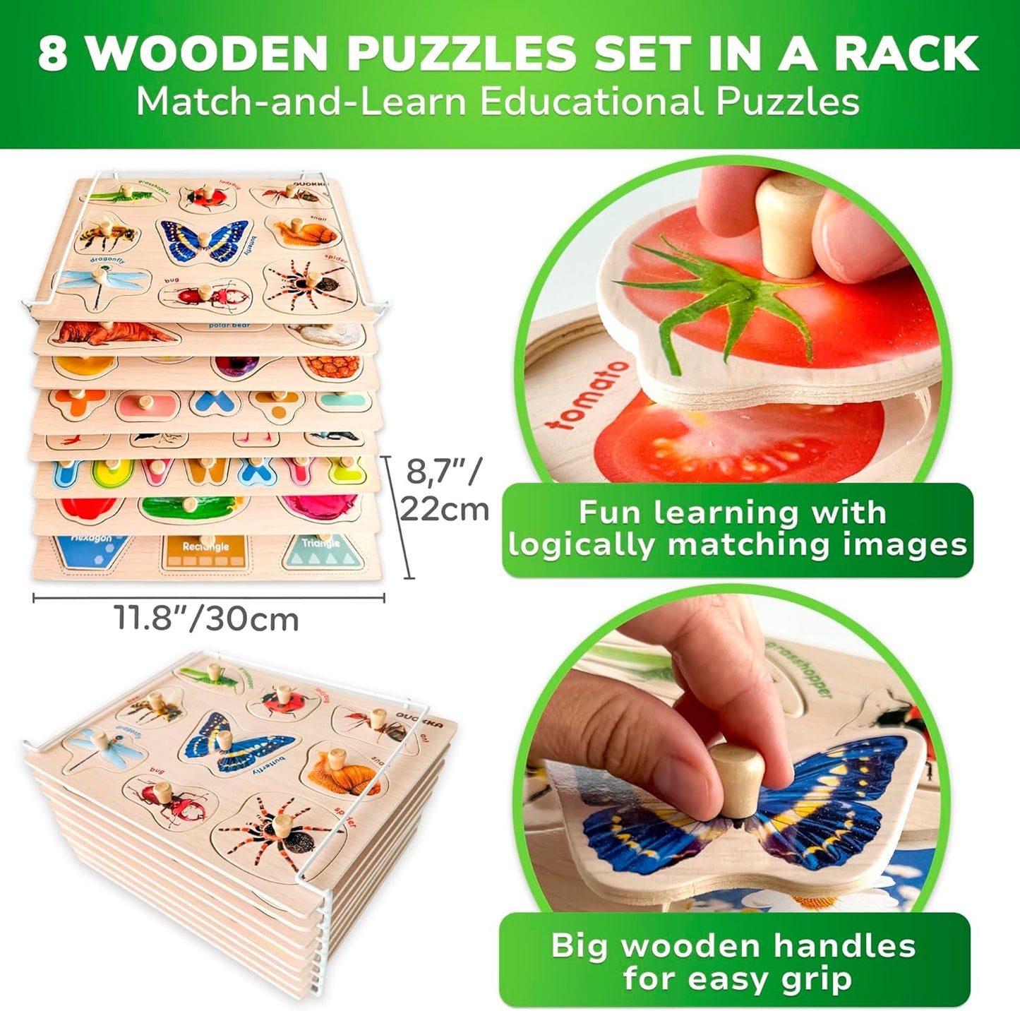 QUOKKA Wooden Puzzles for Toddlers 1-3 - 6XSET Toddler Puzzles Ages 2-4 with Rack - Learning Alphabet - Numbers - Animals Montessori Toy for Kids 3-5 - Wood Games Gift for Boys and Girls