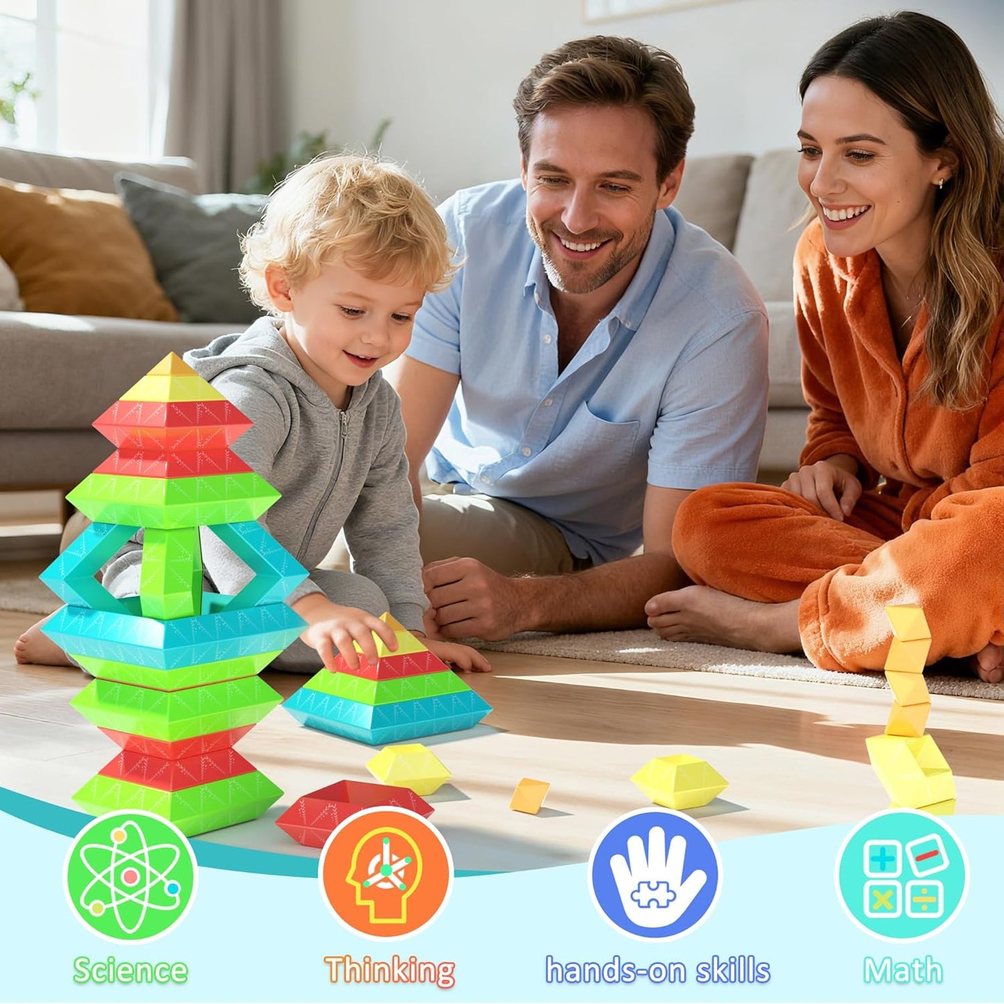 100Pcs Montessori Toys for Ages 1-3 2-5 Toddlers Kids Baby,Pyramid Stacking Building Toys,3D Preschool Learning Blocks for Kids,STEM Sensory Toy Gifts for 2-4 Year Old Boy Girl,Big Plastic Storage Box