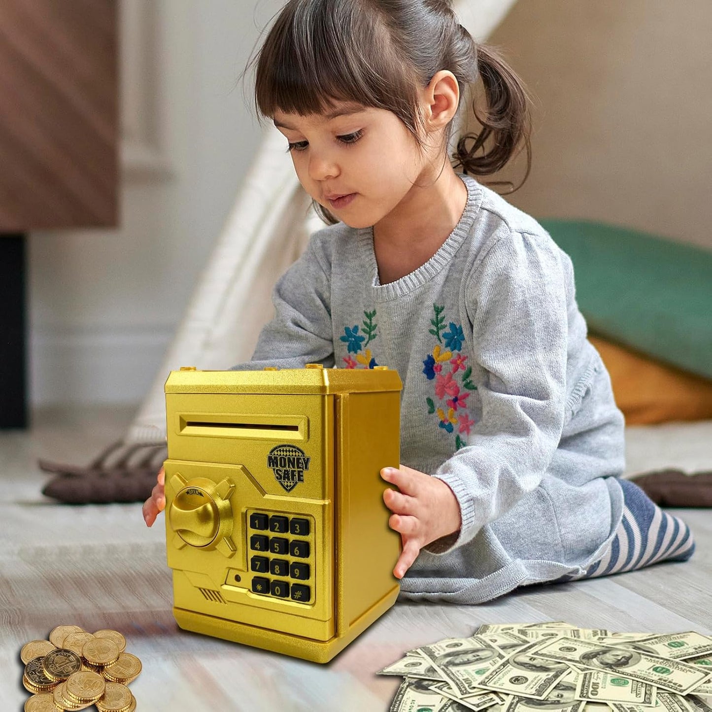 Mini ATM Piggy Bank ATM Machine Best Gift for Kids,Electronic Code Piggy Bank Money Counter Safe Box Coin Bank for Boys Girls Password Lock Case (Rose Gold)