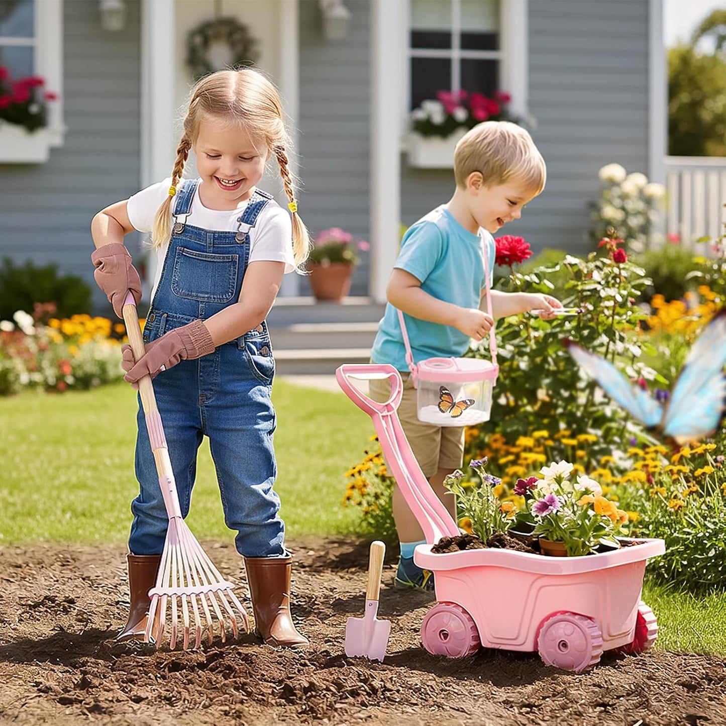 Dreamon Kids Gardening Tools & Bug Catcher Kit, 2-in-1 Outdoor Toys with Wheelbarrow and Bug House, STEM Educational Toys for 3 Year Old, Birthday Gifts Outdoor Gifts for Kids 3-5, Green