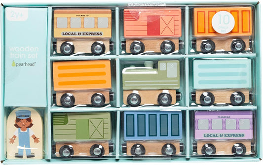 Pearhead Wooden Train Set for Toddlers – 10-Piece Magnetic Train Cars, FSC-Certified Wood, Montessori STEM Toy, Develops Fine Motor Skills, Compatible with Major Brands, Boys and Girls, Ages 2 3 4