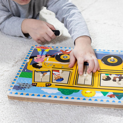 Melissa & Doug The Wheels on The Bus Song Puzzle – 8-Piece Wooden Peg Puzzle with Light-Activated Sounds, Music Learning Toy for Toddlers and Preschoolers Ages 2+