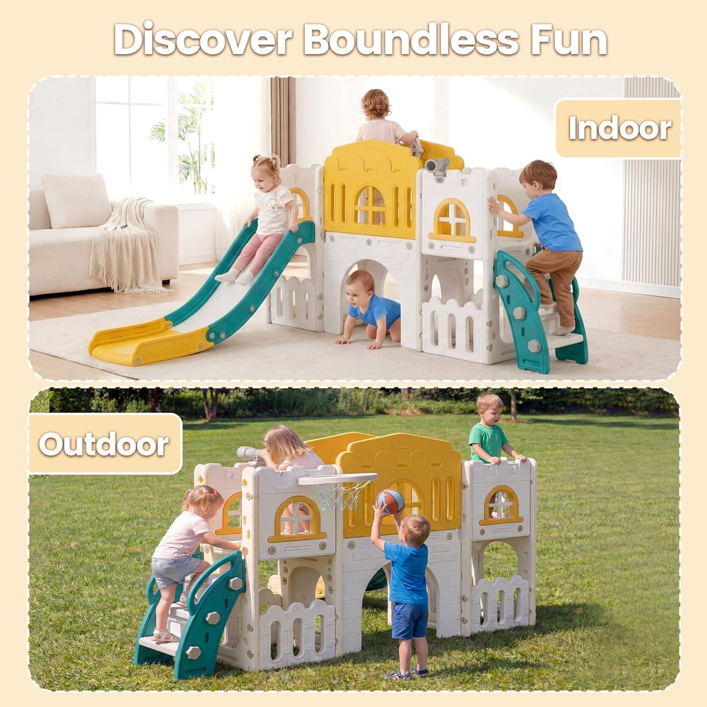 OLAKIDS Toddler Slide and Swing Set, 7 in 1 Kids Indoor Outdoor Playground with Climber Basketball Hoop Telescope Toy Storage for Boys Girls Aged 1+ (Grey)