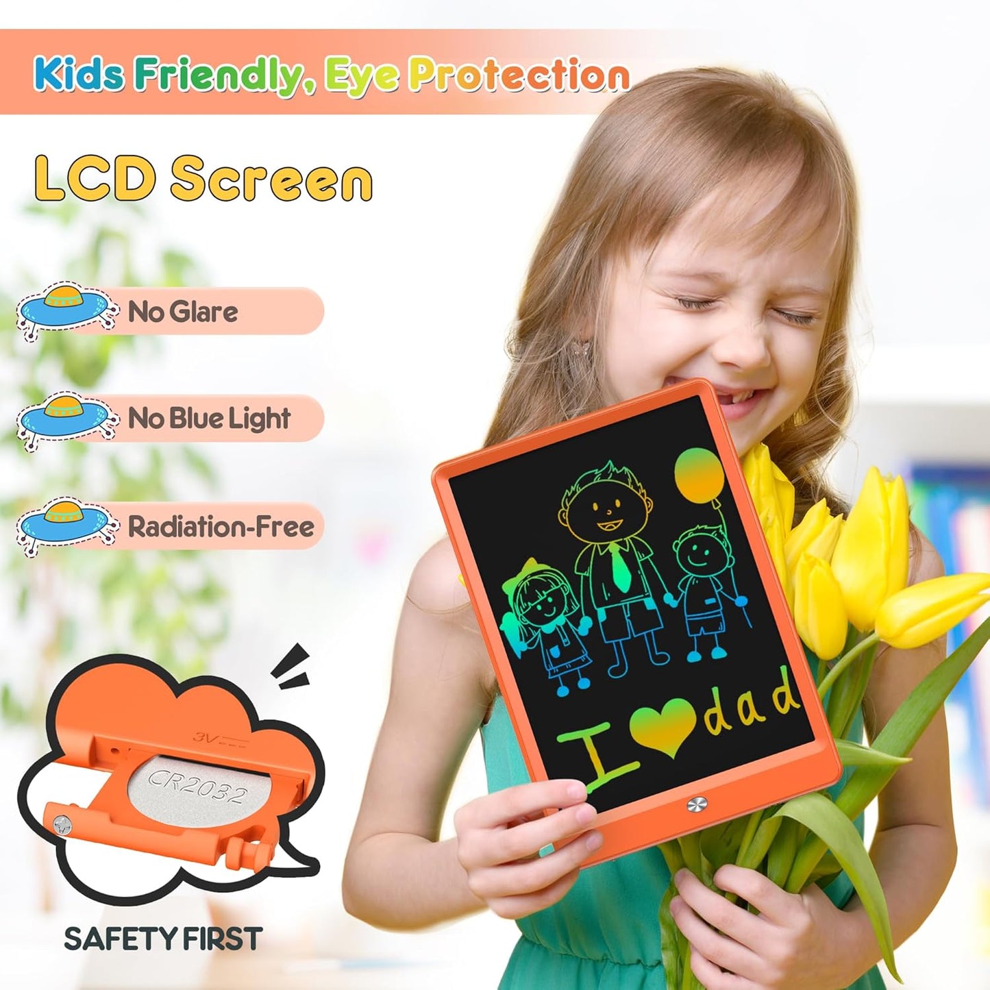FLUESTON LCD Writing Tablet for Kids, 10 Inch Doodle Board, Colorful Drawing Pad for Toddler, Educational Travel Toy Gifts for 3-8 Year Old Girls Boys, Erase Lock Writing Board