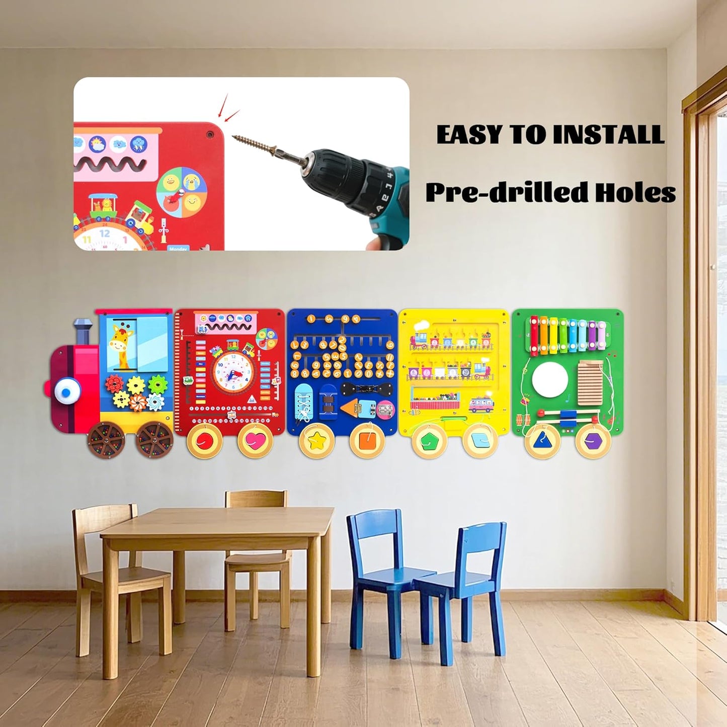 Train Activity Wall Busy Board,Wooden Busy Board Train Activity Wall Panels,Montessori Sensory Wall Toys Panel for Kids, Learning Activity Center for Playroom,3 Years Old and Over
